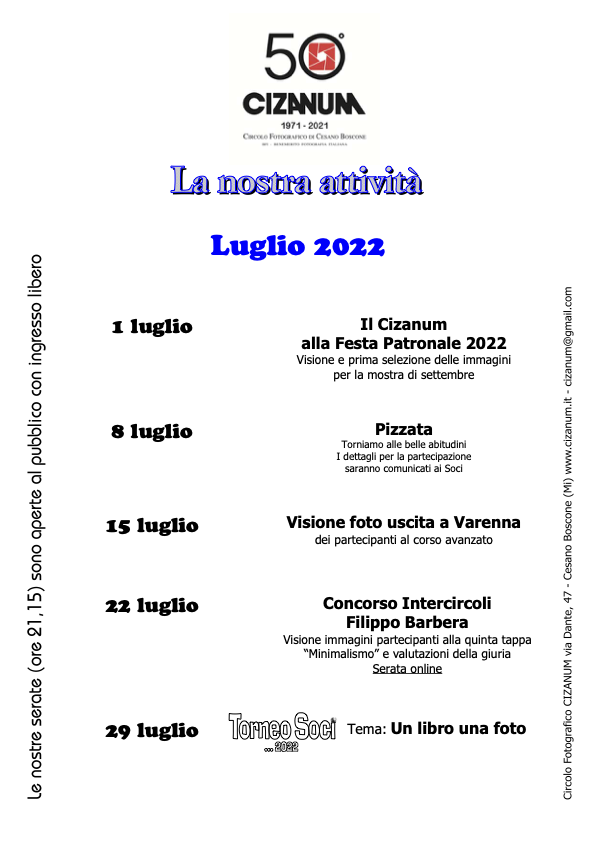 Circolo fotografico Cizanum - Programma luglio 2022